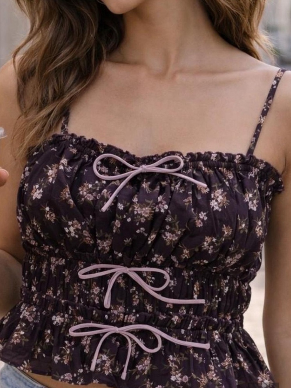Smocked Plum Purple Floral Ruffle Cami Top with Lilac Tie Bow Details M Medium
